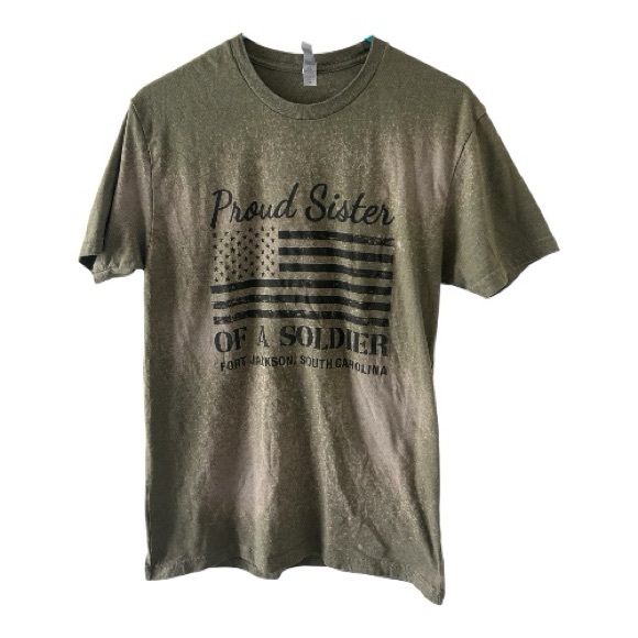 Next Level Apparel Tops - Proud Sister of a Soldier Tee Medium Bleach Dyed Army Green Graphic